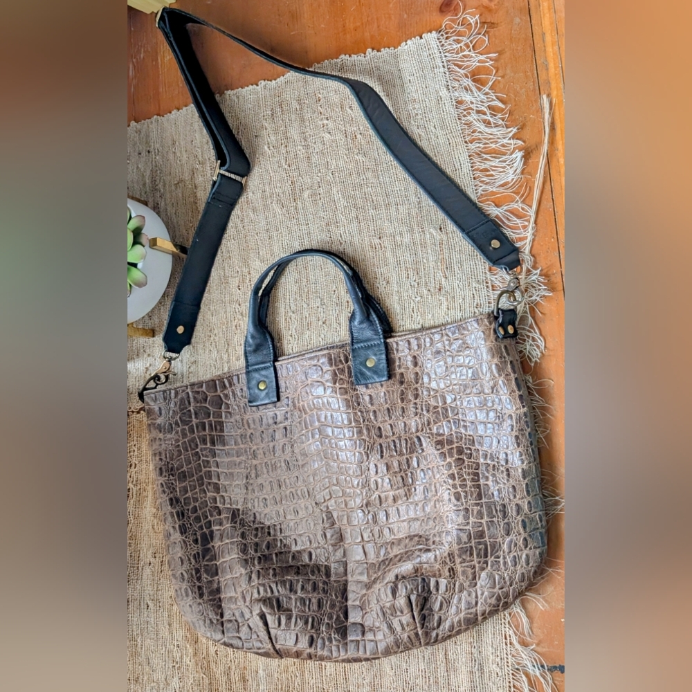 Clare V Croc-Embossed Tote in Brown with Black Handles